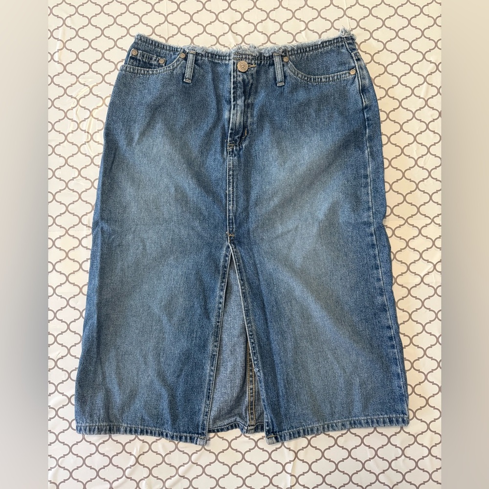Vintage 90s Y2K Paris Blues Denim Maxi Skirt Frayed Raw Waist Front Slit Size 3